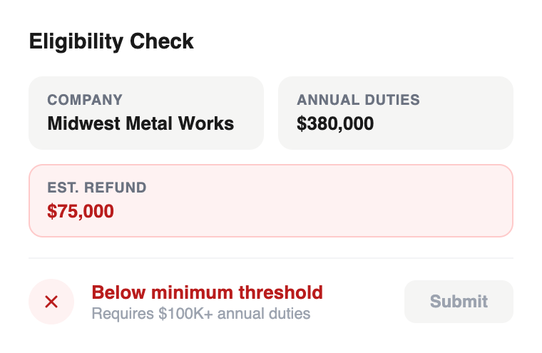 Provider eligibility check rejecting a company below the $100K threshold