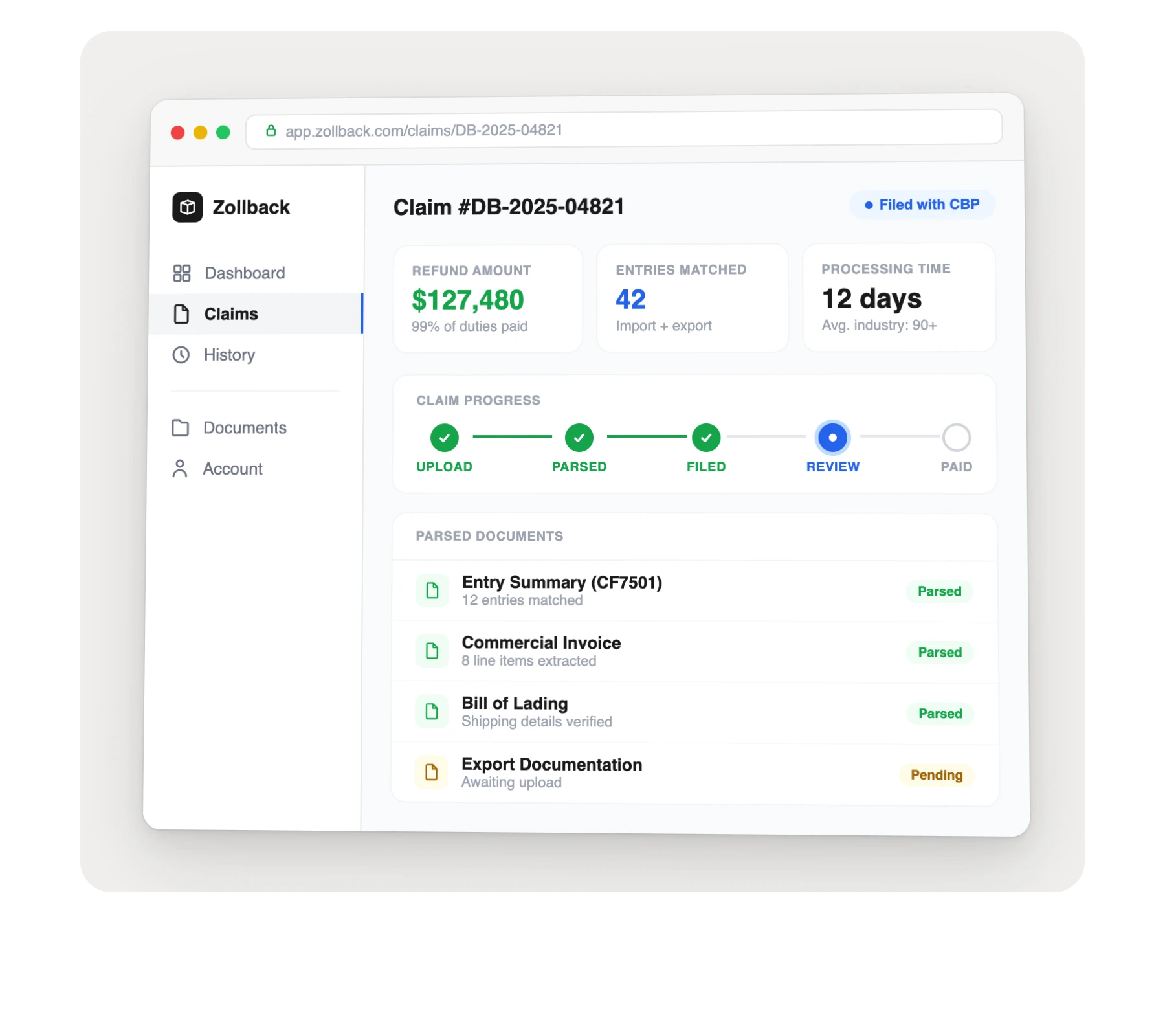 Zollback dashboard showing a claim summary with refund amount, claim status filed with CBP, and parsed document list